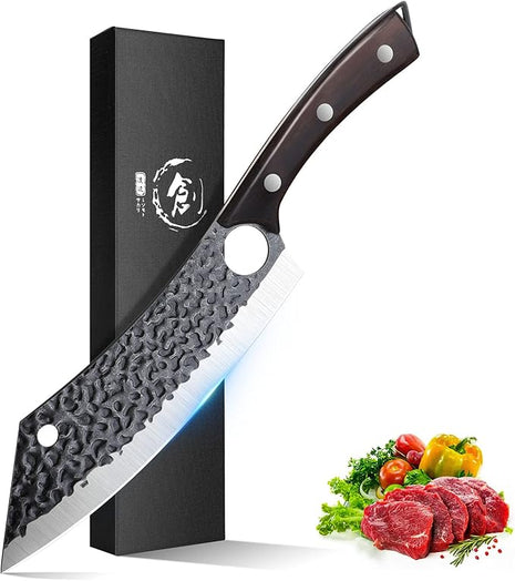 Purple Dragon Kitchen Knife 8 Inch Ultra Sharp Japanese Butcher Knife for Meat Cleaver Vegetable Cutting with Finger Hole Hand Forged High Carbon Steel Chef Knives Christmas Gift for Men and Women