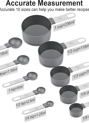 Measuring Cups and Spoons Set of 10 Pieces, Nesting Measure Cups Spoons with Stainless Steel Handle for Dry & Liquid Ingredient, Kitchen Gadgets, Grey