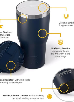 RTIC 30oz Essential Tumbler with Lid, Ceramic Lined, Insulated, Stainless Steel, Metal, Double Wall Vacuum-Insulation, Travel Cup for Iced Coffee, Tea, Hot and Cold Drink, Navy