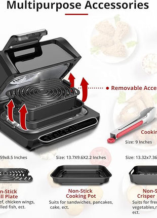 Electric Air Grill Fryer 7-in-1 Indoor Smokeless - 1750W Contact Grill with Non-Stick Removable Plates, Fast Even Heat, Flat Top Griddle See-Through Window Perfect for Healthy Grilling, 4Qt