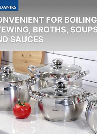 Daniks Classic 12-Piece Stainless Steel Cookware Set with Saucepan and Frying Pan, Glass Lids, Induction Compatible, Dishwasher Safe, Silver