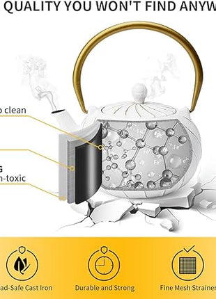 Tea Kettle, TOPTIER Japanese Cast Iron Teapot with Stainless Steel Infuser, Cast Iron Tea Kettle Stovetop Safe, Wave Design Tea Pot Coated with Enameled Interior for 30 Ounce (900 ml), White