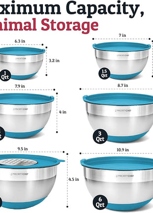 Priority Chef 6Pc Large Mixing Bowls With Lids Set with Non-Slip Bases, Stainless Steel Mixing Bowl Set, 6 Airtight Lids and 3 Graters, Turquoise