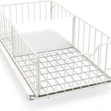 Simple Houseware Pull-Out Cabinet Sliding Basket Organizer, 17.2" D x 9.7" W x 5" H – White, Ideal for Kitchen and Bathroom Cabinet Storage, Under Sink or Pantry Organization