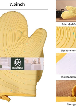 4 Pieces Oven Mitts and Pot Holders of Macaron Color Thickened Non-Slip Silicone Kitchen Gloves, Heat Resistant up to 500F, Essential for Kitchen Baking(makal-Huang)