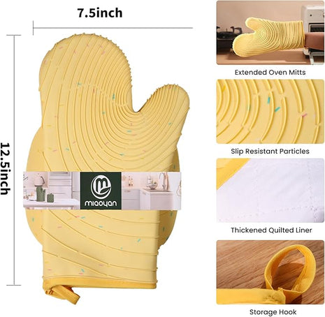 4 Pieces Oven Mitts and Pot Holders of Macaron Color Thickened Non-Slip Silicone Kitchen Gloves, Heat Resistant up to 500F, Essential for Kitchen Baking(makal-Huang)