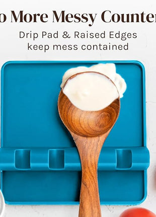 Light Blue Silicone Spoon Rest for Stove Top with Drip Pad (Two Pack) - Heat Resistant BPA Free Utensil Rest & Spoon Holder for Kitchen Counter - Grill Utensil Holder - Spatula Holder, Tongs, Ladle