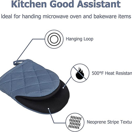 1 Pair Short Oven Mitts, Heat Resistant Silicone Kitchen Mini Oven Mitts for 500 Degrees, Non-Slip Grip Surfaces and Hanging Loop Gloves, Baking Grilling Barbecue Microwave Machine Washable (Sky Blue)