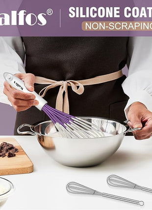 Walfos Whisk,Silicone Whisk Heat Resistant (480°F) Kitchen Whisks set of 5.Non Scratch Coated Whisks for Nonstick Cookware,Egg Wisk Premium for Blending,Whisking,Beating,Frothing. (Purple)