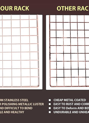 Briout Cooling Rack for Baking, 2-Pack 16x10 Inches Baking Rack, Thick Wire Cookie Rack for Cooking, Roasting, Grilling, Drying, Oven Safe, Fits Half Sheet Pan, Rose Gold