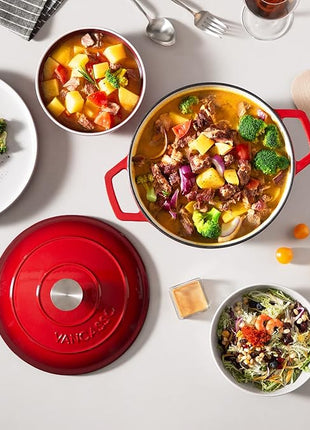 vancasso 6 QT Enameled Cast Iron Dutch Oven with Lid, Dual Handles for Bread Baking, Heavy-duty Round Dutch Oven, Non Stick Coating, All Heat Source, Red