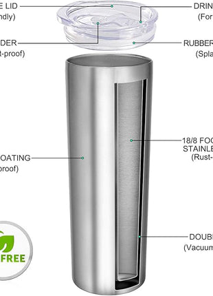 VEGOND Stainless Steel Tumblers Bulk 6 Pack, 20 oz Vacuum Insulated Skinny Tumblers with Lid and Straw, Double Wall Coffee Mug, Travel Water Cup