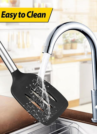 Pack of 2 Silicone Solid Turner, Non Stick Slotted Kitchen Spatulas, High Heat Resistant BPA Free Cooking Utensils, Ideal Cookware for Fish, Eggs, Pancakes(Black-White)