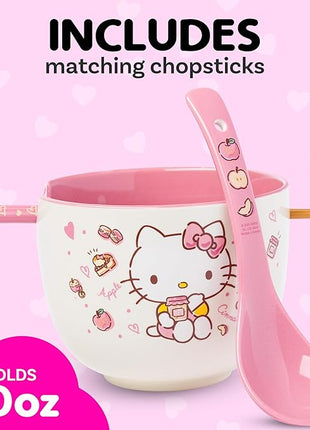 Silver Buffalo Sanrio Hello Kitty Apples and Cinnamon Ceramic Ramen Noodle Rice Bowl with Chopsticks and Spoon, Microwave Safe, 20 Ounces