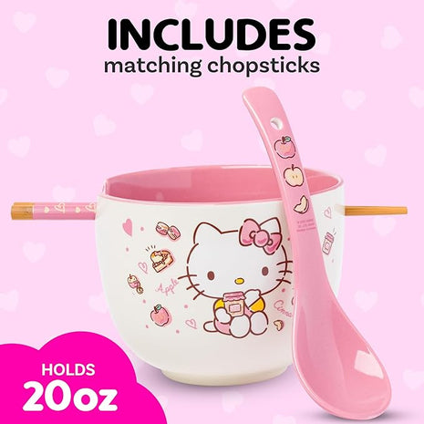 Silver Buffalo Sanrio Hello Kitty Apples and Cinnamon Ceramic Ramen Noodle Rice Bowl with Chopsticks and Spoon, Microwave Safe, 20 Ounces