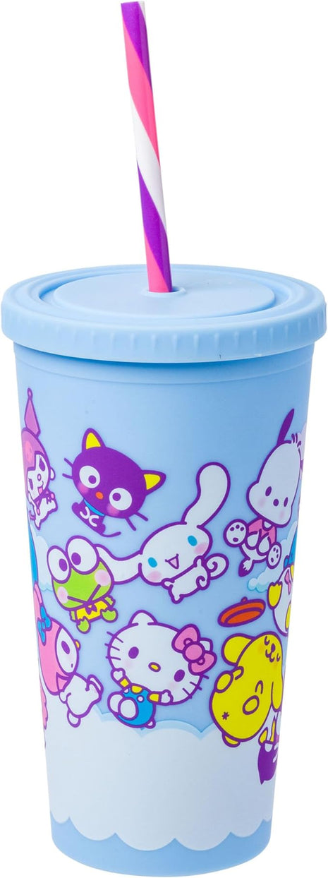 Silver Buffalo Sanrio Hello Kitty and Friends Featuring Little Twin Stars, My Melody, Kuromi, Keroppi, Chococat, Cinnamoroll, Pompompurin, Pochacco, Tuxedo Sam, Badtz-Maru Matte Plastic Tumbler, 20oz