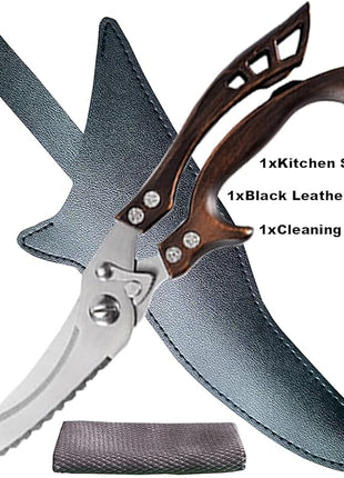 ANDONG Kitchen Scissors, Heavy Duty Professional Poultry Shears, Stainless Steel Spring Loaded, Dishwasher Safe, with Black Leather Sheath