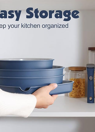 SENSARTE 17 Piece Ceramic Pots and Pans Set, Nonstick Detachable Handle Cookware, Induction Kitchen Cookware Set with Removable Handle, Dishwasher ＆ Oven Safe (Navy)