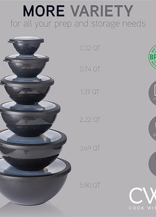 COOK WITH COLOR Mixing Bowls with TPR Lids - 12 Piece Plastic Nesting Bowls Set includes 6 Prep Bowls and 6 Lids, Microwave Safe (Speckled Black)