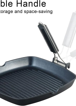 SKITCHN Nonstick Grill Pan With Folding Handle - Induction Compatible KBBQ Pan for Stove Tops, Indoor Square BBQ Grilling With Pour Spouts - 11 in
