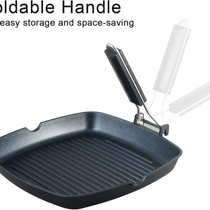 SKITCHN Nonstick Grill Pan With Folding Handle - Induction Compatible KBBQ Pan for Stove Tops, Indoor Square BBQ Grilling With Pour Spouts - 11 in