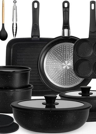 KIKCOIN 24 Pack Pots and Pans Set Non Stick, Detachable Handle Cookware Set, Induction RV Kitchen Cooking Set with Removable Handle, Frying Pans, Egg Pan - Dishwasher/Oven Safe, PFOA Free