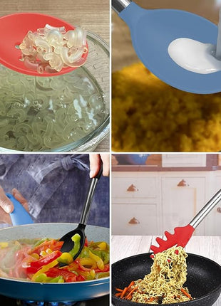 Silicone Spatula and Cooking Spoon,5 Pack Solid & Slotted Spoons and Spatulas High Heat resitant for Kitchen, Stainless Steel Handle Coated with Silicone, Non Stick Utensil, Starry blue