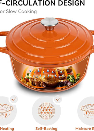 Miereirl 6 Quart Enameled Dutch Oven Pot with Lid, Cast Iron Dutch Oven with Dual Handles for Bread Baking, Cooking, Non-stick Enamel Coated Cookware (Orange)