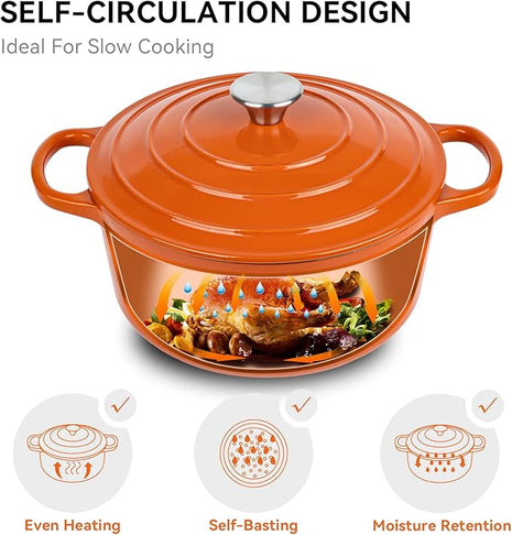 Miereirl 6 Quart Enameled Dutch Oven Pot with Lid, Cast Iron Dutch Oven with Dual Handles for Bread Baking, Cooking, Non-stick Enamel Coated Cookware (Orange)