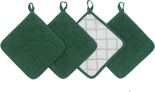 Cotton Pot Holders Cotton Made Machine Washable Heat Resistant Everyday Kitchen Basic Terry Pot Holder, Hot Pads, Trivet for Cooking and Baking Set of 4 (Dark Green)