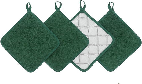 Cotton Pot Holders Cotton Made Machine Washable Heat Resistant Everyday Kitchen Basic Terry Pot Holder, Hot Pads, Trivet for Cooking and Baking Set of 4 (Dark Green)