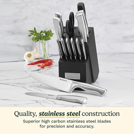 Cuisinart Stainless Steel Hollow Handle 15-Piece Cutlery Block Set, Kitchen Knife Set with Steel Blades for Precise Cutting, Durable Knives with Ergonomic Handles, C77SS-15PK