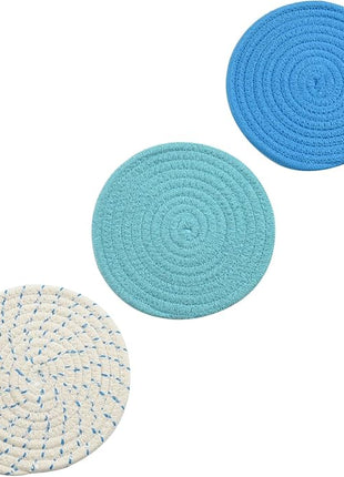 Kitchen Pot Holders Set Trivets Set 100% Pure Cotton Thread Weave Hot Pot Holders Set (Set of 3) Stylish Coasters, Hot Pads, Hot Mats, Spoon Rest for Cooking and Baking by Diameter 7 Inches (Blue)