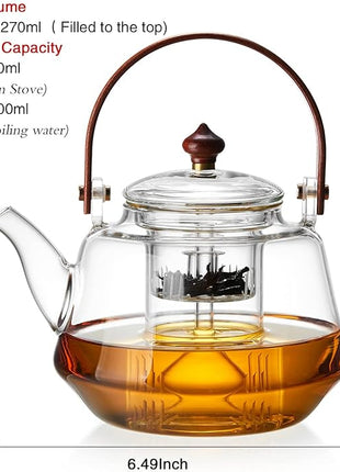 40oz Glass Teapot with Anti-Drip Spout, Peach Wood Handle and Lid, Heat-Resistant Borosilicate Glass, Dual Infusers for Steaming and Boiling