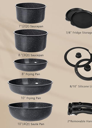 GiPP Ceramic Pots and Pans Set Non Stick, 11 Piece Nonstick Detachable Handle Cookware Sets, Non Toxic Induction Kitchen Pot and Pan with Removable Handle, Healthy RV Cookware, Dishwasher ＆Oven Safe