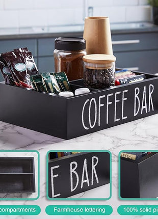 ALEION Coffee Station Organizer - Wood Countertop Accessories Organizer with Removable Dividers for Pods Condiment Syrup Tea Cups Stirrers - for Farmhouse Coffee Bar Decor