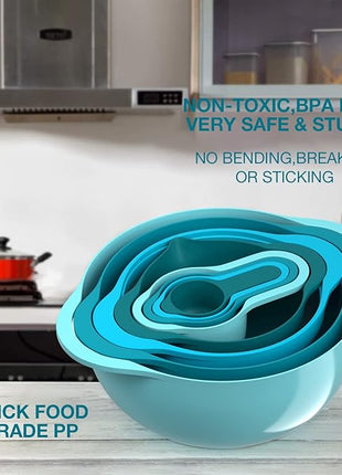 Mixing Bowls-Plastic Nesting Mixing Bowl Set of 8, Kitchen Gadgets for Apartments Space Saving, Including Measuring Cups Sifter Colander, Easy Storage Cooking Baking, Rv Camper Accessories, No BPA