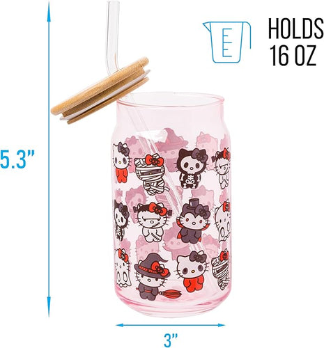 Silver Buffalo Sanrio Hello Kitty and Friends Halloween Spooky Costumes Ghost Witch Vampire Zombie Frankenstein Skeleton Pink Glass Jar Tumbler with Bamboo Lid and Glass Straw, 16 Ounces (Pack of 12)