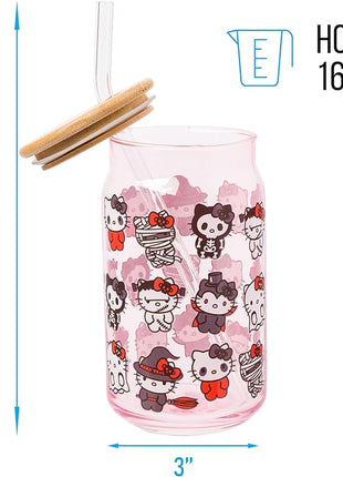 Silver Buffalo Sanrio Hello Kitty and Friends Halloween Spooky Costumes Ghost Witch Vampire Zombie Frankenstein Skeleton Pink Glass Jar Tumbler with Bamboo Lid and Glass Straw, 16 Ounces