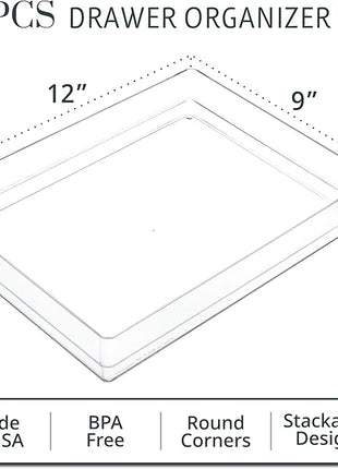 STORi SimpleSort 2-Piece Stackable Clear Drawer Organizer Set | 12" x 9" x 2" Rectangle Trays | Wide Makeup Vanity Storage Bins and Office Desk Drawer Dividers | Made in USA