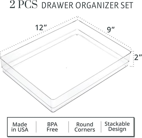 STORi SimpleSort 2-Piece Stackable Clear Drawer Organizer Set | 12" x 9" x 2" Rectangle Trays | Wide Makeup Vanity Storage Bins and Office Desk Drawer Dividers | Made in USA