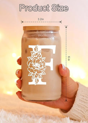 Coolife Initial Glass Cup, Monogrammed Gifts for Women, 16 oz Glass Cups w/Lids Straws, Iced Coffee Smoothie Beer Tumbler w/Straw Lid - Personalized Christmas, Birthday Gifts for Her Mom Friend Woman