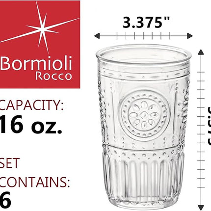 Bormioli Rocco Romantic Set Of 6 Cooler Glasses, 16 Oz. Clear Crystal Glass, Made In Italy.