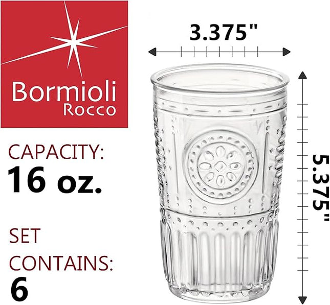 Bormioli Rocco Romantic Set Of 6 Cooler Glasses, 16 Oz. Clear Crystal Glass, Made In Italy.