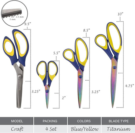 BambooMN Titanium Softgrip Scissors Set - Pinking, Sewing, Arts, Crafts, Office - 10 Sets of 4 - Blue w/Yellow