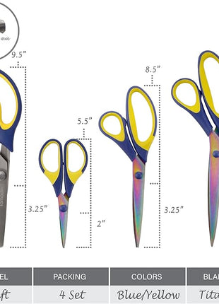 BambooMN Titanium Softgrip Scissors Set - Pinking, Sewing, Arts, Crafts, Office - 30 Sets of 4 - Blue w/Yellow