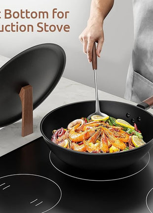 Carbon Steel Wok, 13-Inch, Pre-Seasoned, Non-Stick, with Lid and Spatula, Flat Bottom, Ideal for Stovetop Cooking