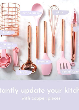 Copper and Pink Kitchen Utensils Set - 17-Piece Silicone Cooking Tools with Copper Utensil Holder and Pink Measuring Cups and Spoons for Baking and Everyday Cooking - Stylish Kitchen Accessories