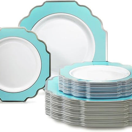 " OCCASIONS " 120 Plates Pack,(60 Guests) Heavyweight Premium Wedding Party Disposable Plastic Plates -60 x10.5'' Dinner + 60 x 8'' Salad/Dessert (Imperial Aqua & Silver)