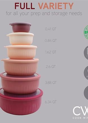 COOK WITH COLOR Prep Bowls with Lids- Wide and Deep Nesting Plastic Small Mixing Bowl Set with Lids, 12 Piece Set - Wide Bowls, Rose